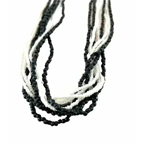 Cluster Layered Black and White Tiny Seed Bead Multi Strand Necklace 17" Long - Picture 9 of 11